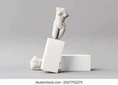 Statue on a cement base Creative arrangement on a gray background 3d