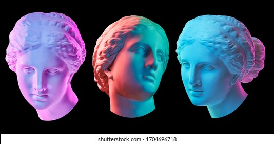 Statue Of Venus De Milo. Creative Concept Colorful Neon Image With Ancient Greek Sculpture Venus Or Aphrodite Head. Webpunk, Vaporwave And Surreal Art Style. Isolated On A Black.