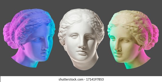 Statue of Venus de Milo. Creative concept colorful neon image with ancient greek sculpture Venus or Aphrodite head. Webpunk, vaporwave and surreal art style. Isolated on a black.
