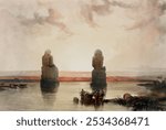 Statues of Memnon at Thebes during the inundation illustration by David Roberts. Monument architecture. Vintage architecture art drawing illustration, old painting art print of exterior architecture.