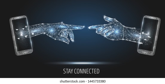 Stay Connected Poster Banner Design Template. Mobile Phone Two Human Hands Touching, Low Poly Wireframe Mesh. 5G Network Communication Technology Polygonal Art Style Illustration.