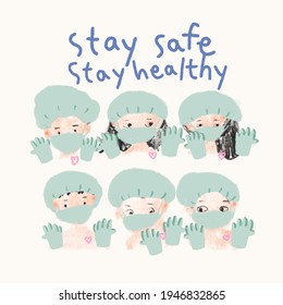 stay safe stay healthy away from covid19 hand draw quote and mask vanilla background color