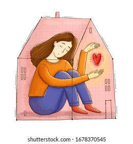 Stay Safe Pink Home  -  Digital Hand Drawn Illustration Of A Sad Isolated Girl Inside The Glass House. She Holds A Red Illuminating Heart.