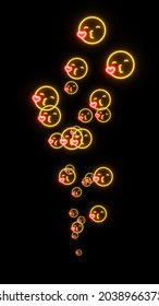 A Steady Upward Stream Of Glowing Neon Kiss Emojis. Social Media Or Valentines Day Concept Reacting To Affectionate Or Loving Post. Overlay Graphic Effect, Black Background For Screen Blending.