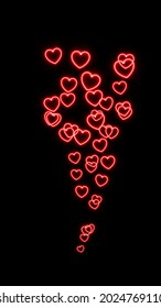 A Steady Upward Stream Of Neon Red Heart Shapes. Social Media Or Valentines Day Concept Reacting To Affectionate Or Loving Post. Overlay Graphic Effect, Black Background For Screen Blending.