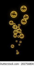 A Steady Upward Stream Of Yellow Neon Smiley Symbols. Overlay Graphic Effect, Black Background For Screen Blending. For Social Media Or Other Digital Media.