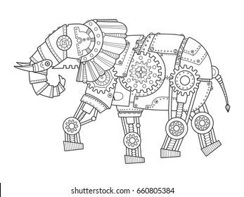 Steam Punk Style Elephant. Mechanical Animal. Coloring Book Raster Illustration.