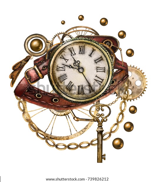 時計 ベルト 宝石 時計 キーを使った水蒸気パンクの水彩イラスト タトゥーのスタイル 白い背景にイラトス ビンテージファンタジーのプリント 古風な の イラスト素材