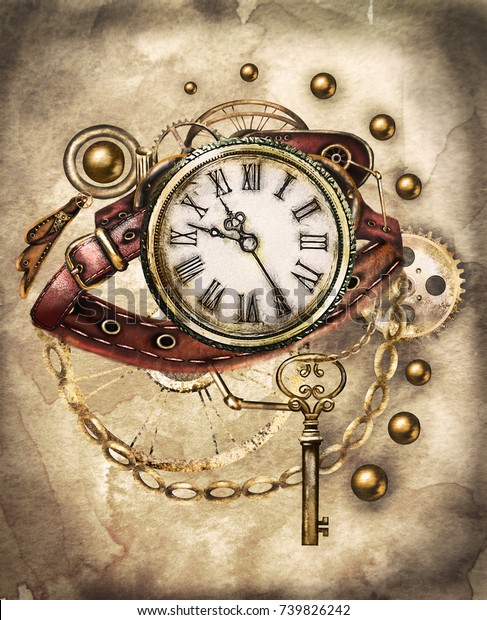 時計 ベルト 宝石 時計 キーを使った水蒸気パンクの水彩イラスト タトゥーのスタイル 古い みすぼらしい背景にイラトス ビンテージファンタジーのプリント のイラスト素材