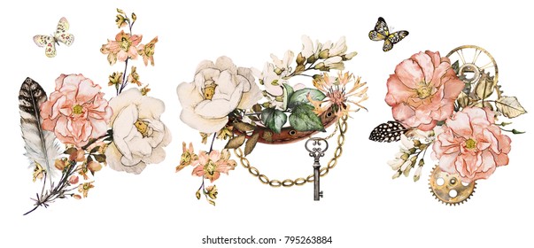 steam punk watercolor Illustration  feathers  clockwork   jewelry  Flowers  tattoo style  Illustration isolated white background  Vintage print 