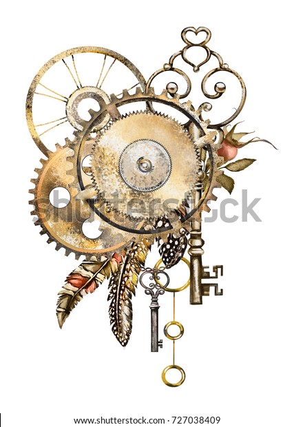 蒸気パンク水彩イラスト 羽 時計 宝石 時計 花 タトゥーのスタイル 白い背景にイラトス ビンテージ印刷 のイラスト素材
