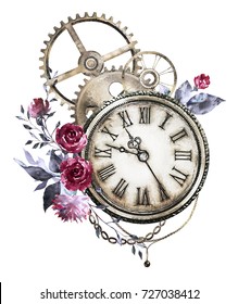 steam punk watercolor Illustration and red roses  wildflowers  clockwork   jewelry  clock  Flowers  tattoo style  Illustration isolated white background  Vintage print 