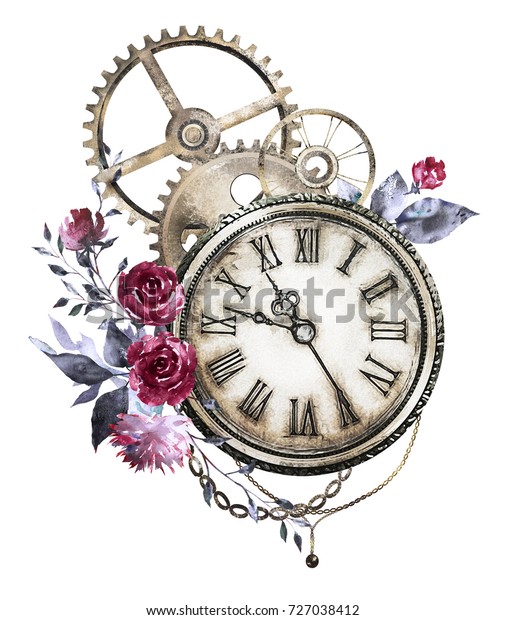 赤いバラ 山の花 時計 宝石 時計 花を使った水蒸気パンクの水彩イラスト タトゥーのスタイル 白い背景にイラトス ビンテージ印刷 のイラスト素材