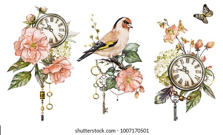 steam punk watercolor  Illustration and roses  clock  clockwork  feathers  jewelry  bird  Flowers   isolated white background  Vintage print 