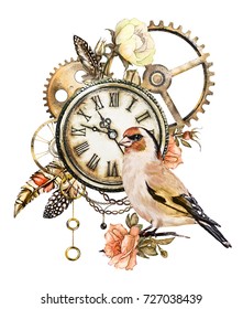 steam punk watercolor  Illustration  roses  clock  clockwork  feathers  jewelry  chain   bird  Flowers  tattoo style   isolated white background  Vintage print 