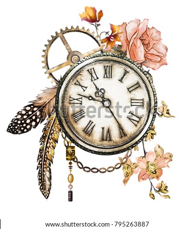 steam punk watercolor Illustration, roses, feathers, clockwork,  jewelry, clock,  Flowers. tattoo style. Illustration isolated on white background. Vintage print.