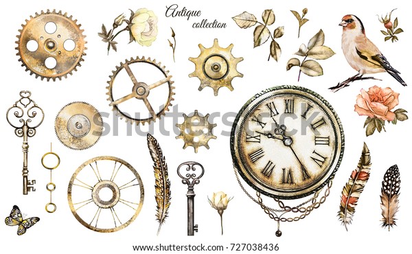 Steam Punk Watercolor Illustration Roses Clock のイラスト素材