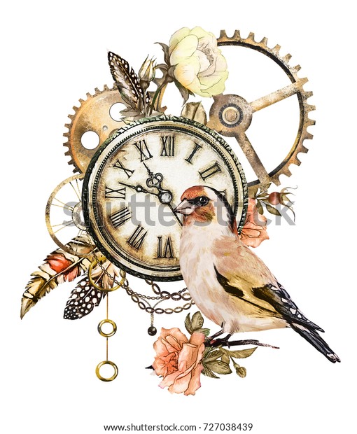 スチームパンク水彩のイラスト 時計 時計 羽 宝石 鎖と鳥 花 タトゥーのスタイル 白い背景に ビンテージ印刷 のイラスト素材 727038439