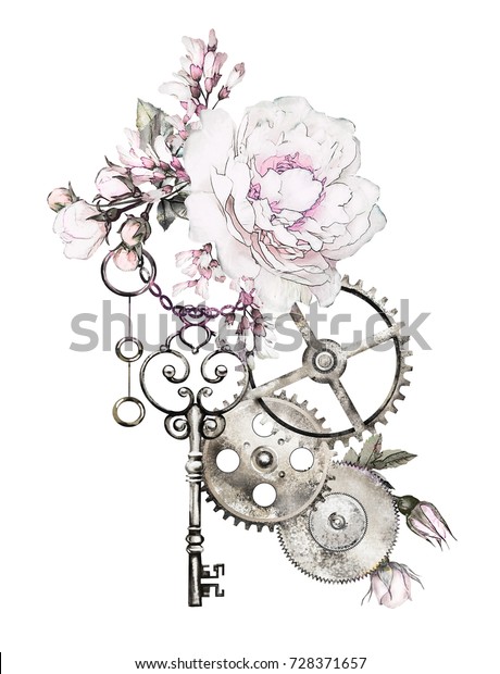蒸気パンク水彩イラスト バラ キー 時計 宝石 花 タトゥーのスタイル 白い背景にイラトス ビンテージ印刷 のイラスト素材