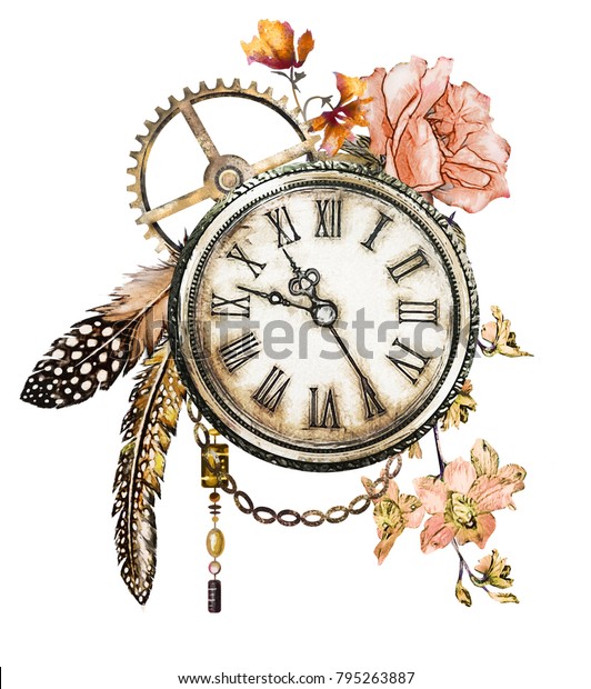 水蒸気パンクの水彩イラスト バラ 羽 時計 宝石 時計 花 タトゥーのスタイル 白い背景にイラトス ビンテージ印刷 のイラスト素材