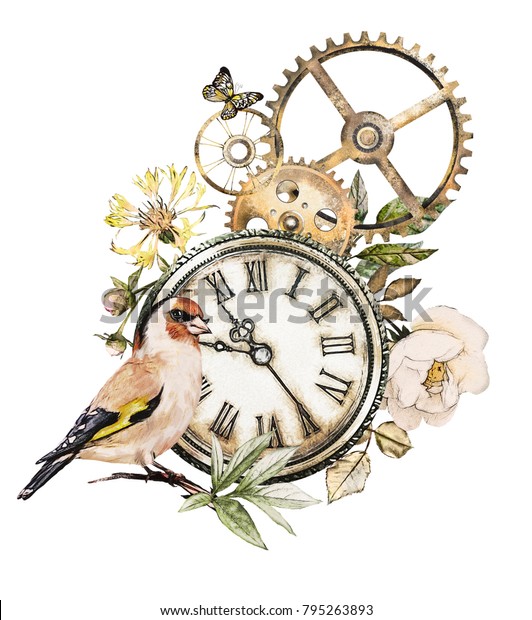 スチームパンク水彩のイラスト バラ 時計 時計 羽 宝石 鳥 花 タトゥーのスタイル 白い背景に ビンテージ印刷 のイラスト素材