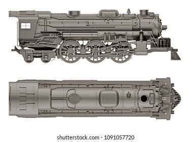 Steam Train Side And Top View Isolated On White. 3d Rendering