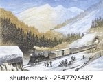 Steam train with US mail through the Sierra Nevada in the 1870s. From American Pictures Drawn With Pen And Pencil by Rev Samuel Manning c. 1880, United States, America, Historical, digitally restored 