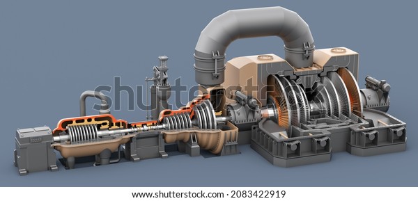 Steam turbine\
model. Axle with impellers. High pressure turbine, medium and low.\
Steam generator. 3d\
illustration
