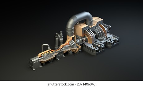 Steam turbine on a dark background. Sectional view of a condensing turbine. Rotor with impeller. Disassembled steam generator. 3D illustration