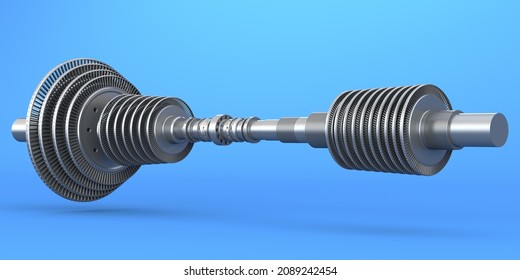 Steam turbine rotor shaft on a clean blue background. Rotor with impellers. Part of a steam generator. 3d render