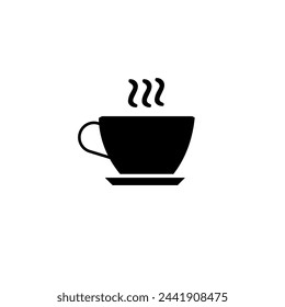 A steaming black cup of coffee or tea on a saucer