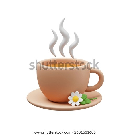 A steaming cup of tea is presented with a daisy flower, creating a comforting and charming 3D illustration Perfect for health and wellness designs.