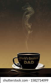 A Steaming Hot Coffee Is Served Up In A Cup That Has The Words: World’s Greatest Dad Written In Type On The Mug.