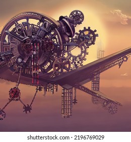 Steampunk Airship Floating In The Air