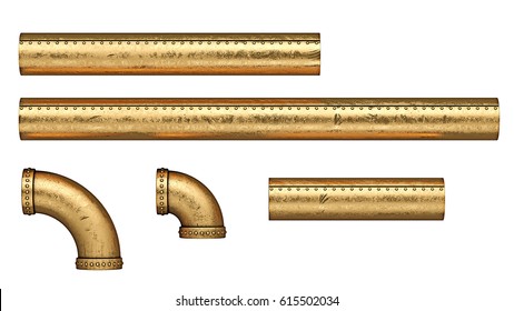 Steampunk copper metal tubes set. Isolated on white background. 3D Illustration