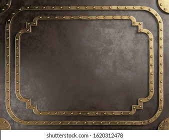 Steampunk Empty Metal Plaque With Brass Border. 3d Illustration