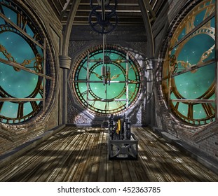 Steampunk Empty Room With Clocks - 3D Illustration