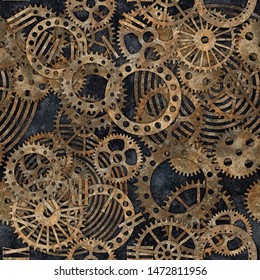 Steampunk Gear Collection With Rust Texture Seamless Pattern