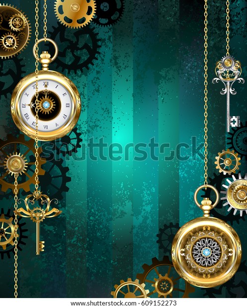 Steampunk jewelry, gold watch with chain and\
keys on green textural background.\
