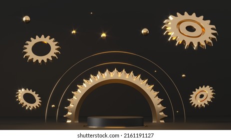 Steampunk mechanism. 3d render illustration. Gears, flying metal spheres and gold rings. Engine Mechanical Parts. Podium, pedestal on dark background. Steam punk cogwheels components of clockwork