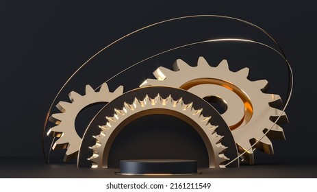 Steampunk mechanism. 3d render illustration. Gears, flying metal spheres and gold rings. Engine Mechanical Parts. Podium, pedestal on dark background. Steam punk cogwheels components of clockwork