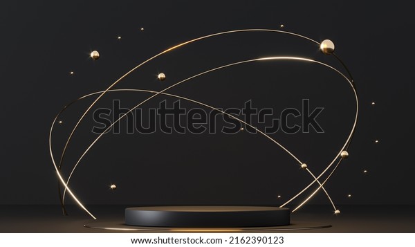 Steampunk\
mechanism. 3d render illustration. Flying metal spheres and gold\
rings. Engine Mechanical Parts. Podium, pedestal on dark\
background. Steam punk components of\
clockwork
