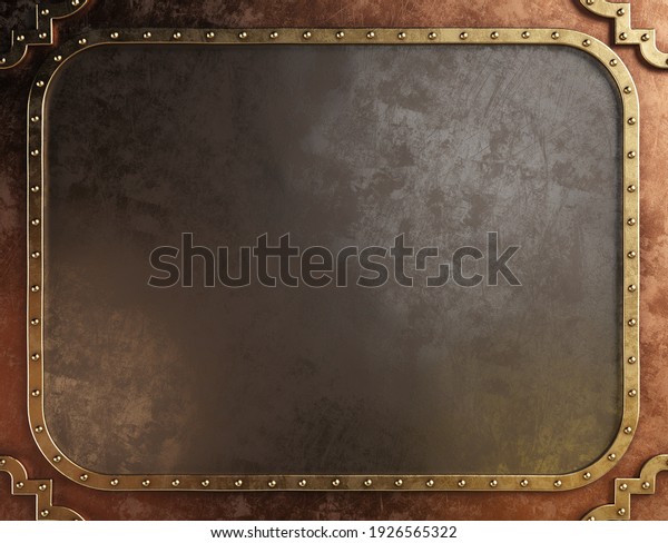 Steampunk metal plaque with brass borders.\
3d\
illustration