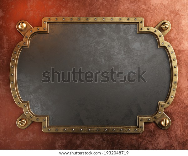 Steampunk metal plaque with brass borders.\
3d\
illustration