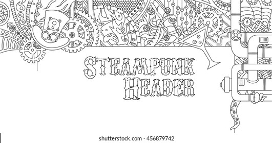 Steampunk Outline Doodle Header Design With Various Steampunk Objects And Symbols, Pilot Hat, Cocktail, Gears, Tubes