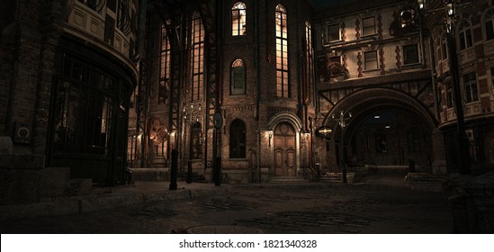 Steampunk scene. Night in the ancient city. Lanterns illuminating old brick buildings. Beautiful night cityscape. Photorealistic 3D illustration.
