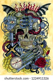 Steampunk skull and retro clock  gear mechanism  red rose  tubes  cogs   cross  Occult   esoteric colorful illustration  mysterious gothic background