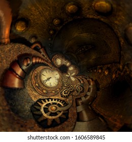 Steampunk Style Abstract Grandfather Clock Twisted And Warped Background 