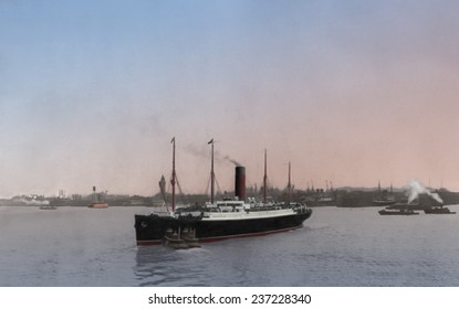 Steamship CARPATHIA In New York Harbor The Day After Its Passengers And 702 Titanic Survivors Disembarked At The Cunard Line Pier April 19, 1912 Photo With Digital Color.