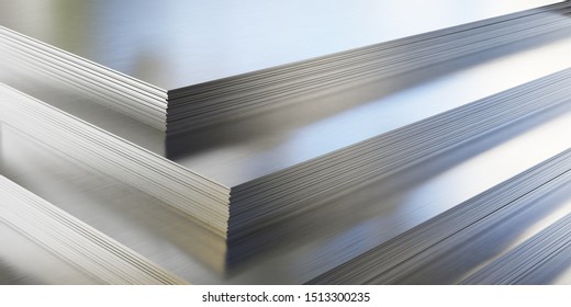 Steel or aluminum sheets in warehouse, rolled metal product. 3d illustration.